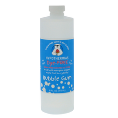 A pint of Hypothermias Sugar-Free & Dye-Free Bubble Gum Shaved Ice and Snow Cone Syrup in a BPA-free plastic bottle on a bright white background, featuring an azure blue label with white bubble gum imagery. This clear, sugar-free syrup is made with organic and non-GMO monk fruit and erythritol for a nostalgic, naturally sweet flavor without dyes or added sugars.