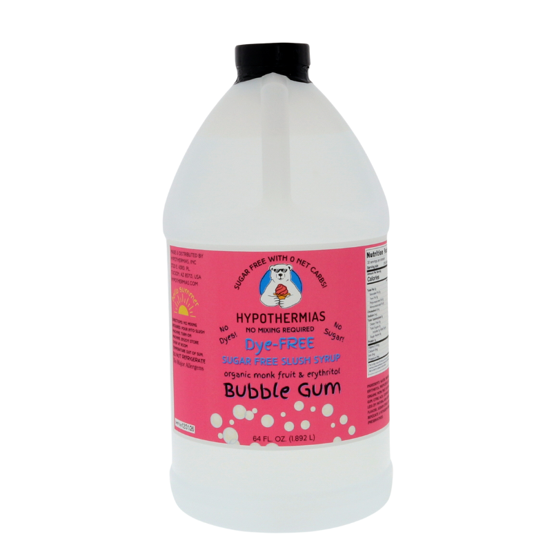 A half-gallon bottle of Hypothermias Sugar-Free & Dye-Free Bubble Gum Slush Syrup with a vibrant pink label featuring white gumballs, photographed on a bright white background. This clear, sugar-free syrup delivers nostalgic flavor made with organic monk fruit and erythritol.