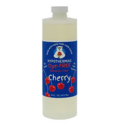 A pint of Hypothermias Dye-FREE Cherry Shaved Ice & Snow Cone Syrup in a BPA-free plastic bottle on a white background, featuring a dark blue label with an image of cherries. The clear syrup contains no dyes and is made from non-GMO 100% pure cane sugar by a family-run small business in Tucson, Arizona, USA.