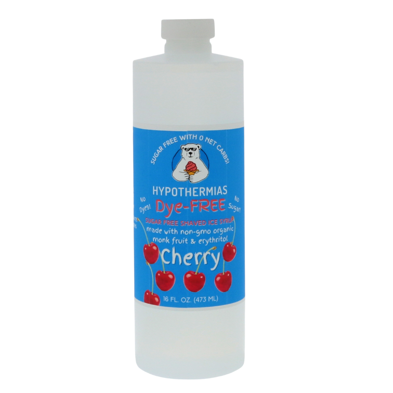 A pint of Hypothermias Sugar-Free & Dye-Free Cherry Snow Cone and Shaved Ice Syrup in a BPA-free plastic bottle on a bright white background, featuring an azure blue label with cherries representing the flavor. This clear, sugar-free syrup is made with organic and non-GMO monk fruit and erythritol for a bold, naturally sweet taste without dyes or added sugars.