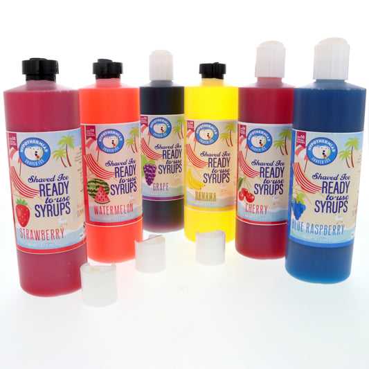 6 Pack - Shaved Ice or Snow Cone Flavor Syrups - Blue Raspberry, Banana, Grape, Cherry, Watermelon, Strawberry