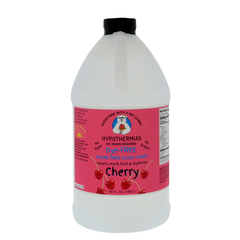 A half-gallon bottle of Hypothermias Sugar-Free & Dye-Free Cherry Slush Syrup with a bright pink label featuring red cherries, shown on a white background. Crafted with organic monk fruit and erythritol for a classic cherry flavor in every sugar-free slushie.