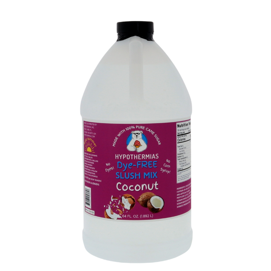 A BPA-free plastic half-gallon bottle of Hypothermias Dye-FREE Coconut Slush Syrup with a vibrant purple label featuring cracked coconuts, photographed on a clean white background. This clear, gourmet frozen drink syrup is made in Tucson, Arizona, using non-GMO 100% pure cane sugar. Free of dyes and high fructose corn syrup, it delivers smooth tropical coconut flavor for frozen cocktails and slushie machines.