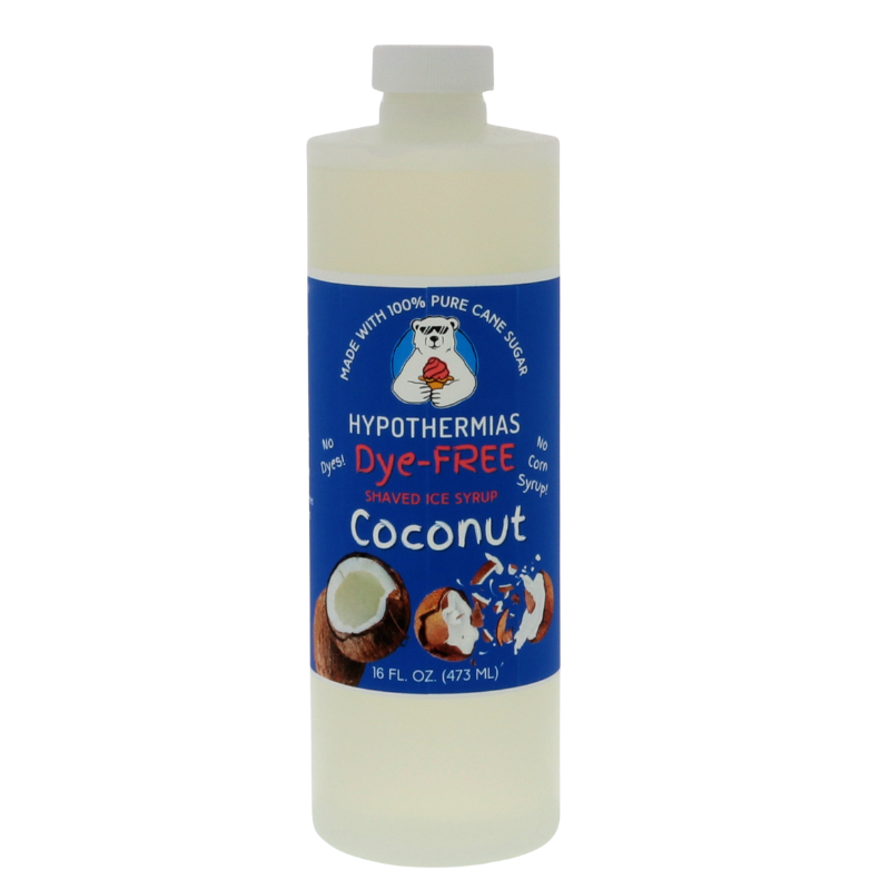 A pint of Hypothermias Dye-FREE Coconut Shaved Ice & Snow Cone Syrup in a BPA-free plastic bottle on a clean white background, featuring a dark blue label with an image of fresh coconut pieces representing the flavor. The syrup is clear with no dyes and made from non-GMO 100% pure cane sugar by a family-run small business crafted under the Tucson sun in Arizona, USA.