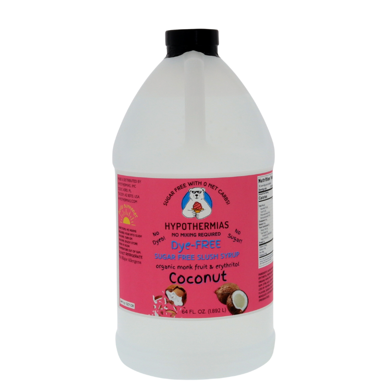 A half-gallon bottle of Hypothermias Sugar-Free & Dye-Free Coconut Slush Syrup with a vibrant pink label featuring coconut halves, displayed on a bright white background. This smooth, sugar-free syrup is made with organic monk fruit and erythritol for tropical frozen drinks.