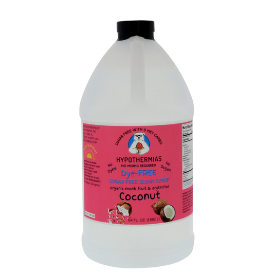 A half-gallon bottle of Hypothermias Sugar-Free & Dye-Free Coconut Slush Syrup with a vibrant pink label featuring coconut halves, displayed on a bright white background. This smooth, sugar-free syrup is made with organic monk fruit and erythritol for tropical frozen drinks.