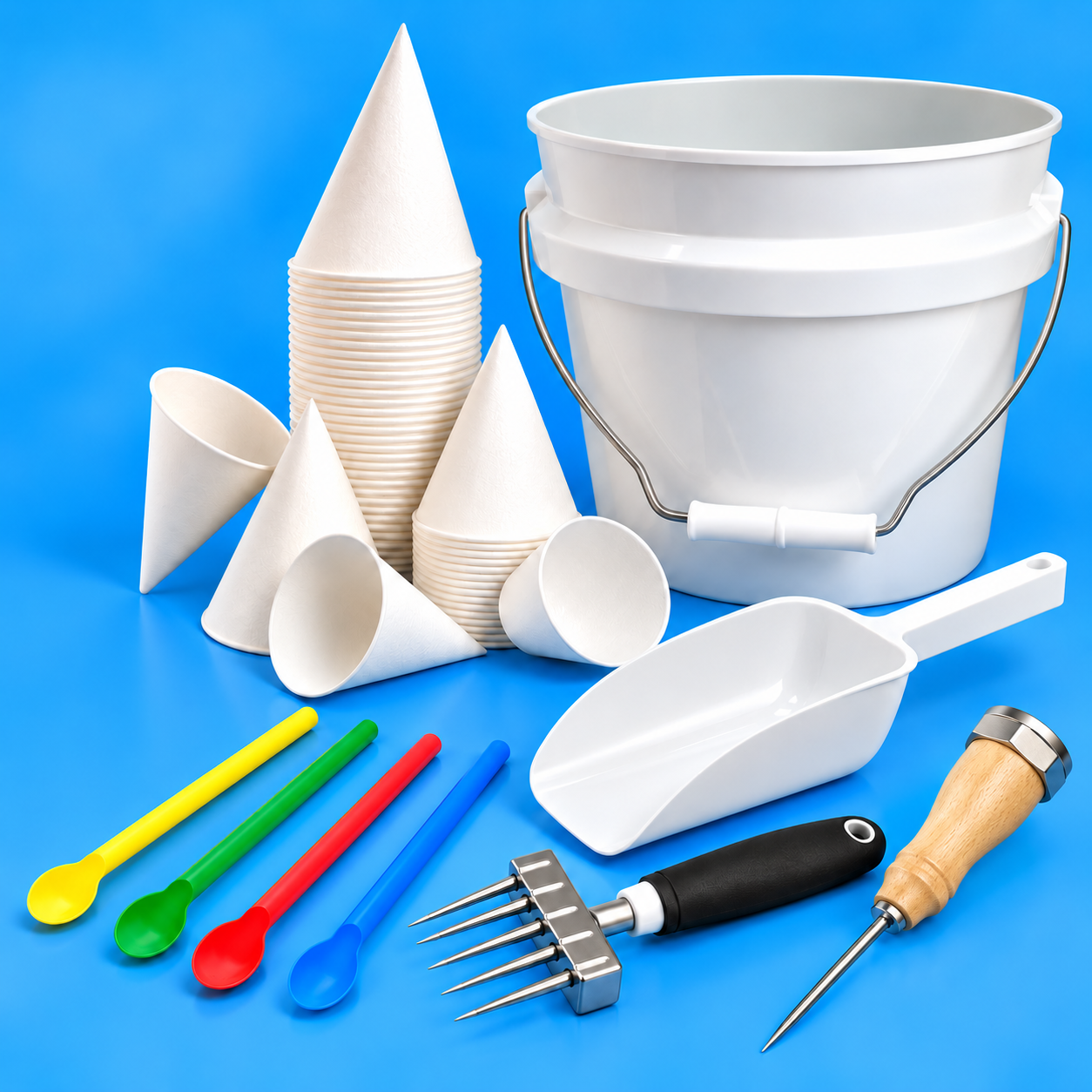 Collection of snow cone supplies including block ice molds, paper cone cups, ice molds, ice picks and spoon straws.