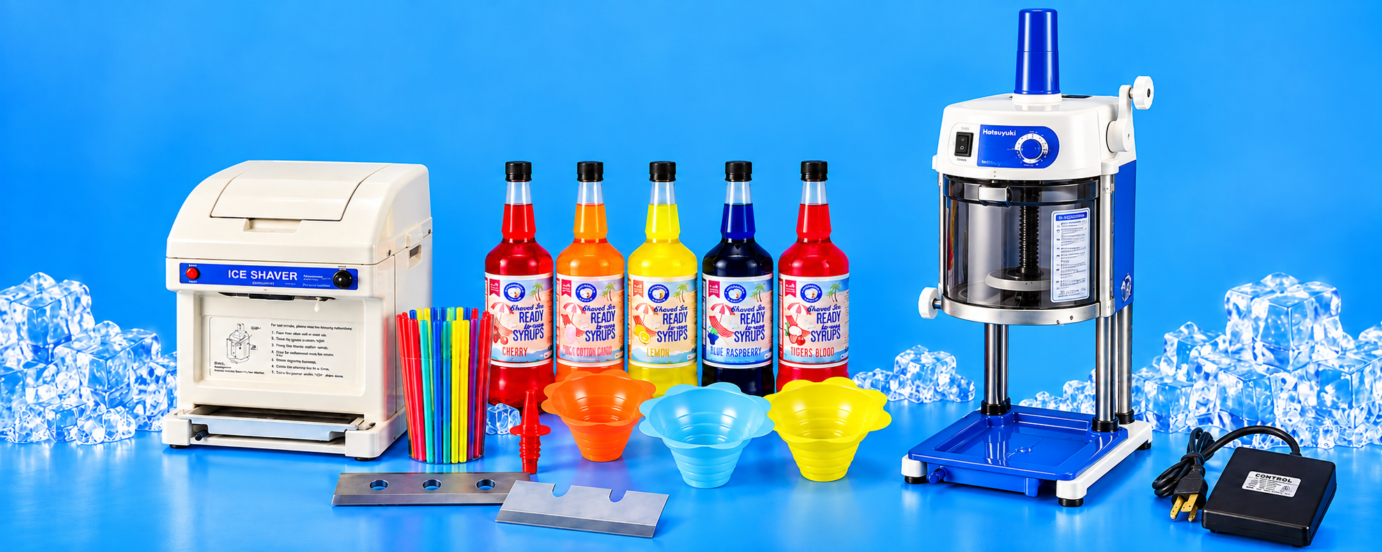 Commercial shaved ice business package with Hatsuyuki ice shavers, syrups, flower cups and supplies.