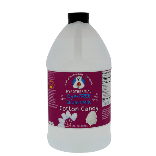 A BPA-free plastic half-gallon bottle of Hypothermias Dye-FREE Cotton Candy Slush Syrup with a vibrant purple label showing pink and blue cotton candy, photographed on a bright white background. This clear, small-batch syrup is made in Tucson, Arizona, with non-GMO 100% pure cane sugar and no high fructose corn syrup. Captures the sweet carnival flavor of classic cotton candy for slushie and frozen beverage machines.