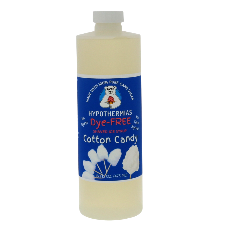 A pint of Hypothermias Dye-FREE Cotton Candy Shaved Ice & Snow Cone Syrup in a BPA-free plastic bottle on a bright white background, featuring a dark blue label with an image of pink and blue cotton candy to represent the flavor. The syrup is clear with no dyes and made from non-GMO 100% pure cane sugar by a family-run small business in Tucson, Arizona, USA.