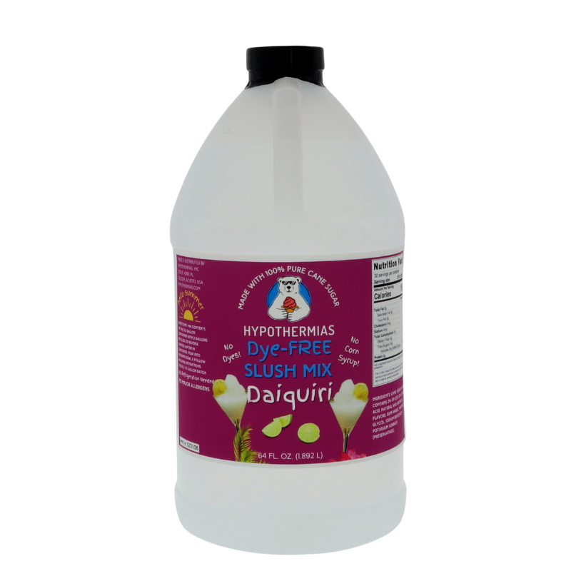 A BPA-free plastic half-gallon bottle of Hypothermias Dye-FREE Daiquiri Slush Syrup with a vibrant purple label featuring two daiquiri glasses with limes, photographed on a white background. This clear, gourmet frozen drink syrup is made in Tucson, Arizona, from non-GMO 100% pure cane sugar. Free from dyes and high fructose corn syrup, it delivers smooth, tangy daiquiri flavor for slushies and frozen cocktails.