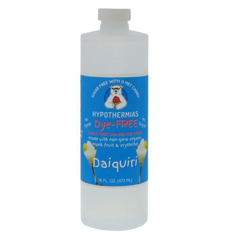 A pint of Hypothermias Sugar-Free & Dye-Free Daiquiri Shaved Ice and Snow Cone Syrup in a BPA-free plastic bottle on a bright white background, featuring an azure blue label with a daiquiri glass illustration. This clear, sugar-free syrup is made with organic and non-GMO monk fruit and erythritol for a tangy, naturally sweet flavor without dyes or added sugars.