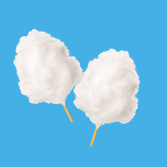 Two white cotton candy sticks against a bright blue background, illustrating Hypothermias Dye-FREE cotton candy flavor concentrate for shaved ice, snow cones, slush, coffee, and frozen pop syrups. A clear gourmet syrup concentrate made with premium ingredients by a family-run small business in Tucson, Arizona.