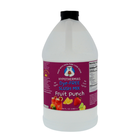 A BPA-free plastic half-gallon bottle of Hypothermias Dye-FREE Fruit Punch Slush Syrup with a vibrant purple label featuring assorted fruits, photographed on a clean white background. This clear, premium frozen drink syrup is made in small batches with non-GMO 100% pure cane sugar. Free of dyes and high fructose corn syrup, it delivers bright fruit punch flavor for frozen beverage dispensers and slushie machines.