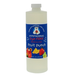 A pint of Hypothermias Dye-FREE Fruit Punch Shaved Ice & Snow Cone Syrup in a BPA-free plastic bottle on a bright white background, featuring a dark blue label with an image of mixed fruits symbolizing the flavor. The syrup is clear with no dyes and crafted from non-GMO 100% pure cane sugar by a family-run small business in Tucson, Arizona, USA — a UNESCO City of Gastronomy.