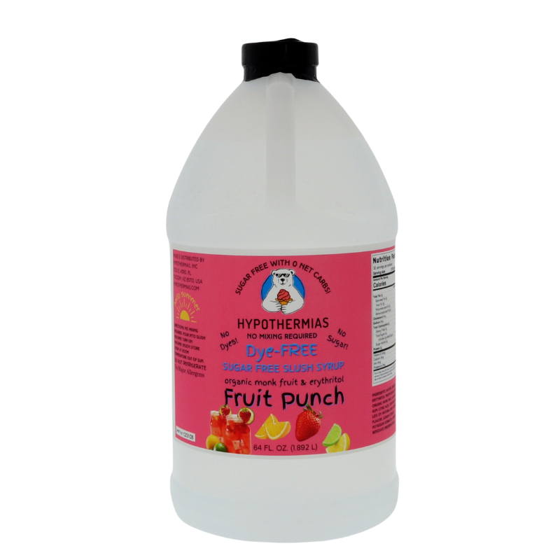A half-gallon bottle of Hypothermias Sugar-Free & Dye-Free Fruit Punch Slush Syrup with a vivid pink label featuring mixed fruit, shown on a white background. Made in Tucson, Arizona, with organic monk fruit and erythritol for a fruity, sugar-free frozen treat.