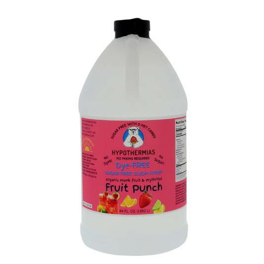 A half-gallon bottle of Hypothermias Sugar-Free & Dye-Free Fruit Punch Slush Syrup with a vivid pink label featuring mixed fruit, shown on a white background. Made in Tucson, Arizona, with organic monk fruit and erythritol for a fruity, sugar-free frozen treat.