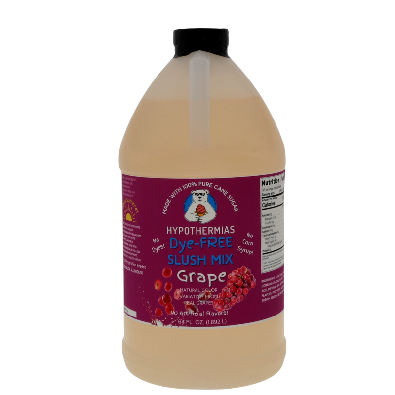 A BPA-free plastic half-gallon bottle of Hypothermias Dye-FREE Grape Slush Syrup with a vibrant purple label showing grape clusters, photographed on a bright white background. This clear, organic frozen drink syrup is crafted in Tucson, Arizona, with non-GMO 100% pure cane sugar and no high fructose corn syrup or artificial flavors. Naturally dye-free with slight natural color variation from real grapes, it delivers authentic grape flavor for slushie machines and frozen beverages.