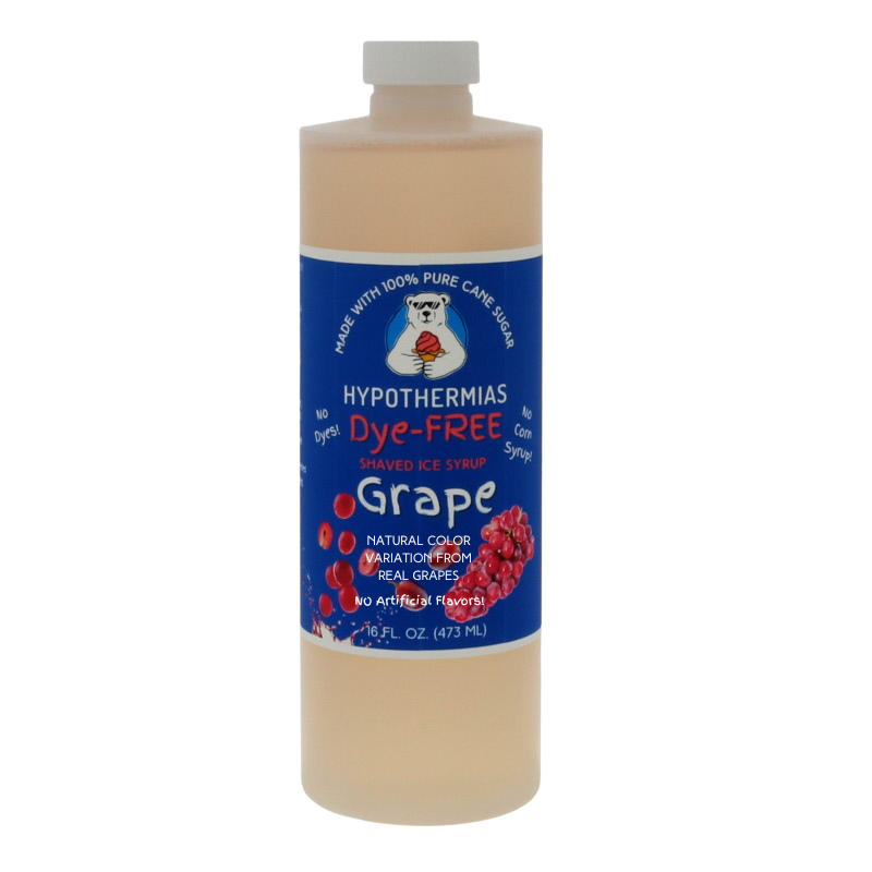 A pint of Hypothermias Dye-FREE Grape Shaved Ice & Snow Cone Syrup in a BPA-free plastic bottle on a bright white background, featuring a dark blue label with an image of fresh purple grapes representing the flavor. The syrup is naturally clear with no dyes and made from non-GMO 100% pure cane sugar by a family-run small business in Tucson, Arizona, USA — a UNESCO City of Gastronomy.
