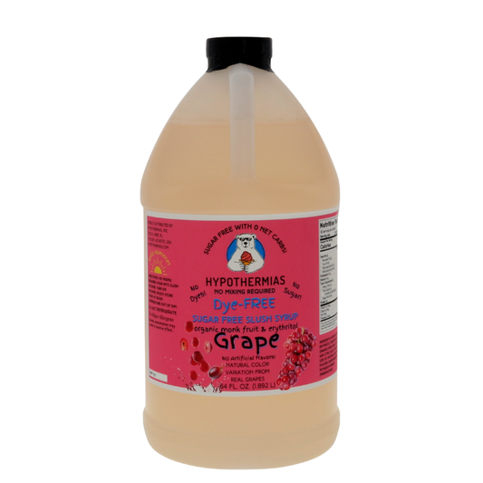 A half-gallon bottle of Hypothermias Sugar-Free & Dye-Free Grape Slush Syrup with a pink label featuring purple grapes, displayed on a white background. Made with organic monk fruit and erythritol for a sugar-free slushie syrup bursting with natural grape flavor. This syrup has a natural variation in color that comes from real grapes.