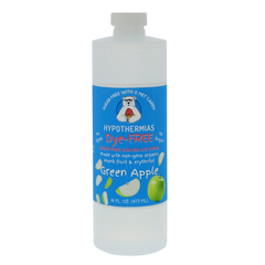 A pint of Hypothermias Sugar-Free & Dye-Free Green Apple Shaved Ice and Snow Cone Syrup in a BPA-free plastic bottle on a bright white background, featuring an azure blue label with green apples symbolizing the flavor. This clear, sugar-free shaved ice syrup is made with organic and non-GMO monk fruit and erythritol for a crisp, naturally sweet apple flavor without dyes or added sugars.