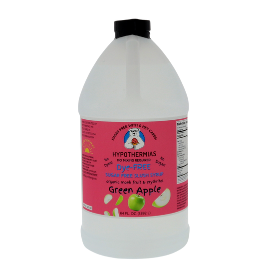 A half-gallon bottle of Hypothermias Sugar-Free & Dye-Free Green Apple Slush Syrup with a pink label featuring crisp green apples, photographed on a white background. Crafted in small batches with organic monk fruit and erythritol for a tart, sugar-free frozen drink.