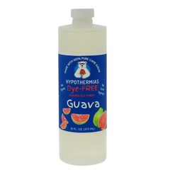 A pint of Hypothermias Dye-FREE Guava Shaved Ice & Snow Cone Syrup in a BPA-free plastic bottle on a white background, featuring a dark blue label with an image of the tropical fruit guava representing the flavor. The syrup is clear with no dyes and made from non-GMO 100% pure cane sugar by a family-run small business in Tucson, Arizona, USA — a UNESCO City of Gastronomy.