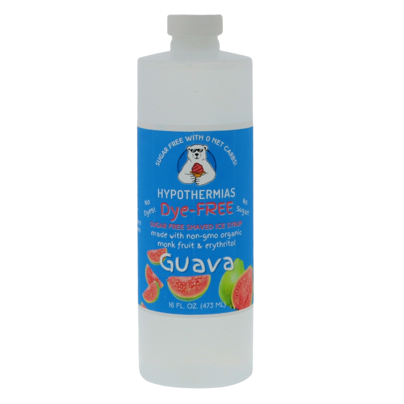 A pint of Hypothermias Sugar-Free & Dye-Free Guava Shaved Ice and Snow Cone Syrup in a BPA-free plastic bottle on a bright white background, featuring an azure blue label with guava fruit imagery. This clear, sugar-free syrup is made with organic and non-GMO monk fruit and erythritol for a tropical, naturally sweet flavor without dyes or added sugars.