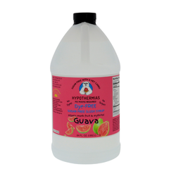 A half-gallon bottle of Hypothermias Sugar-Free & Dye-Free Guava Slush Syrup with a vibrant pink label featuring guava fruit, displayed on a bright white background. This tropical, sugar-free syrup is made with organic monk fruit and erythritol for a tropical frozen drink.