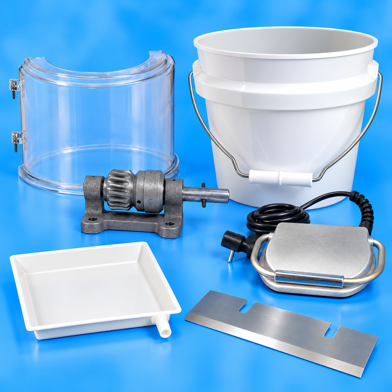 Hatsuyuki ice shaver accessories which includes replacement blades, ice molds, foot pedal, replacement drip tray and worm gear part for the HF-500E model.