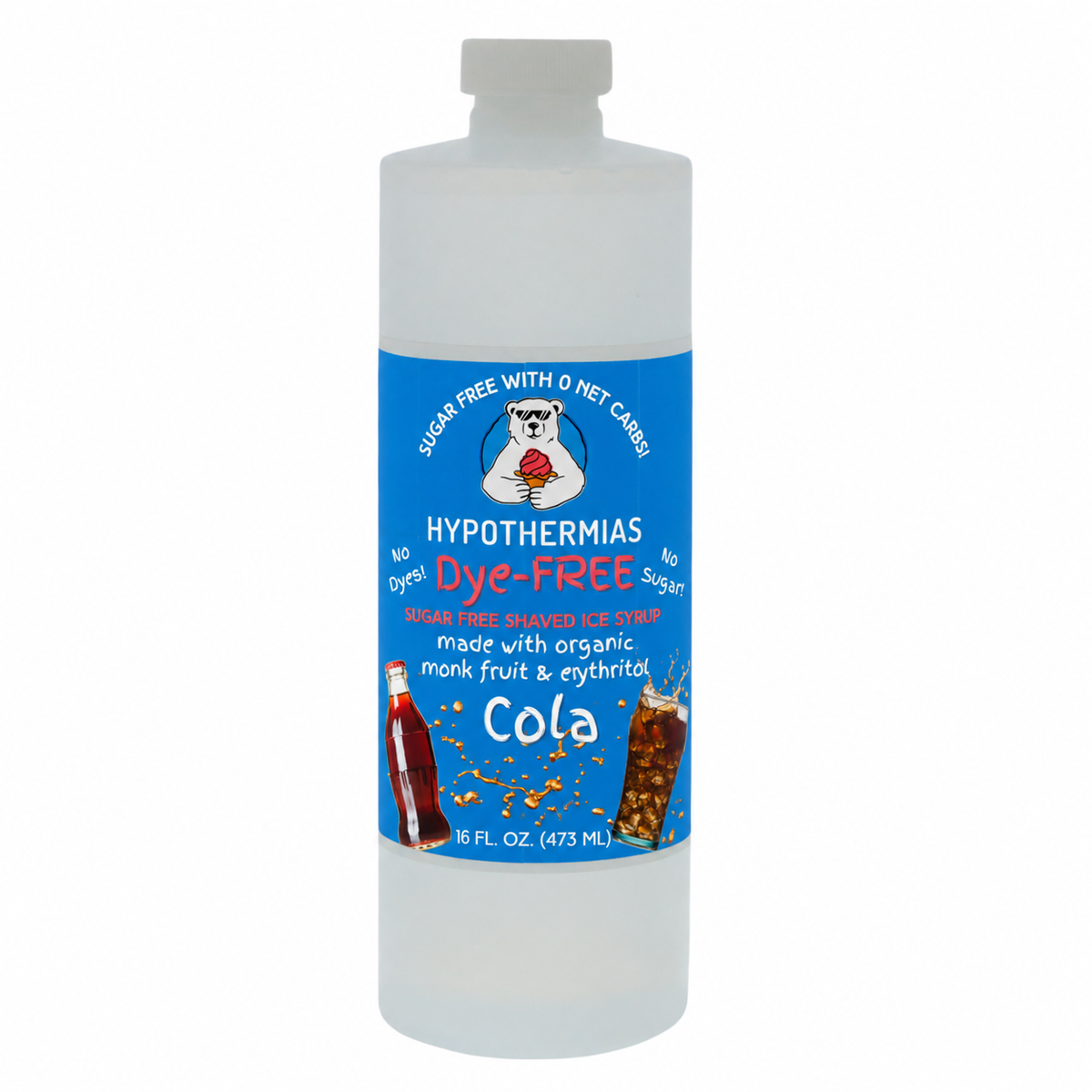 Hypothermias Cola sugar-free, dye-free shaved ice and snow cone syrup in a 16 oz bottle.