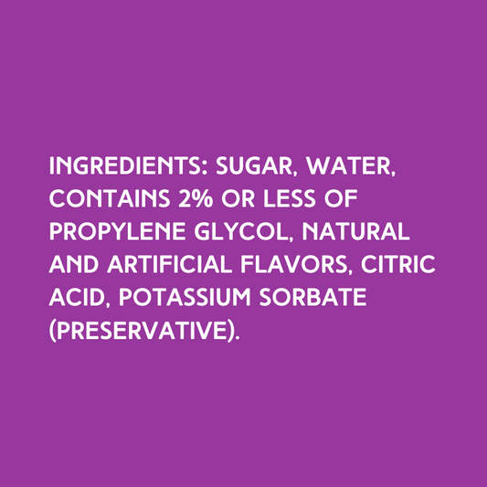 Ingredients of Hypothermias Dye-FREE Cotton Candy Slush Syrup, a clear syrup made with pure cane sugar, no corn syrup, and no artificial dyes.