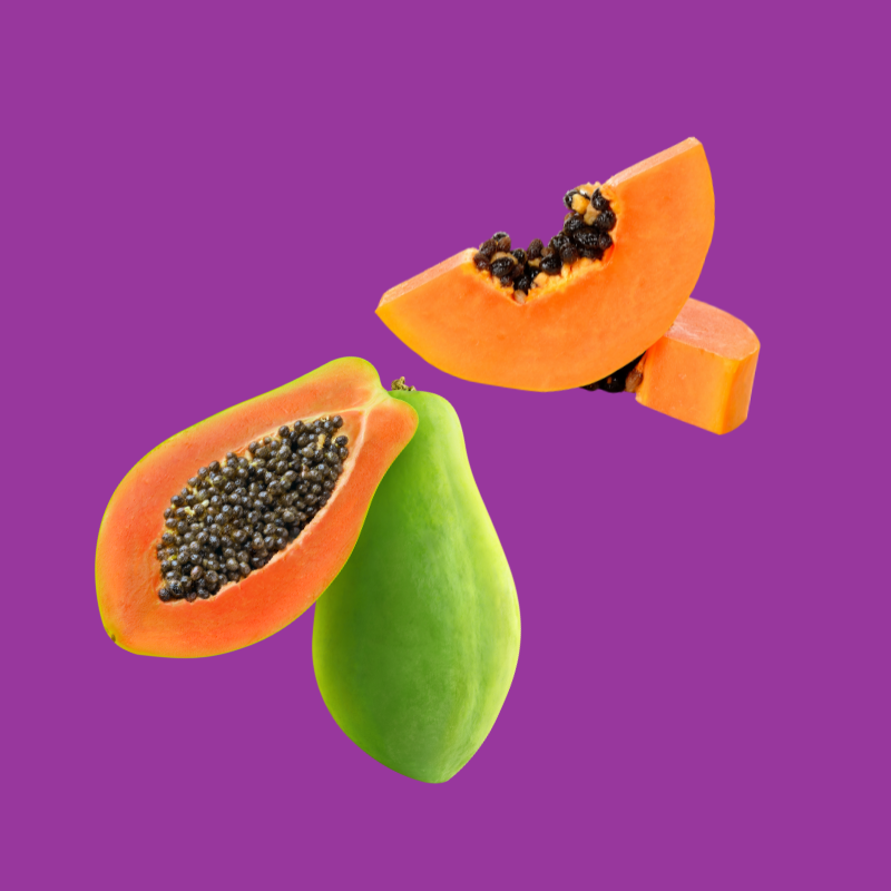 Ripe papaya fruit representing Hypothermias Dye-FREE Papaya Slush Syrup, made with non-GMO 100% pure cane sugar and no artificial colors, no dyes and no corn syrup.