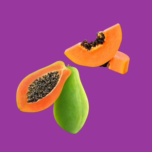 Ripe papaya fruit representing Hypothermias Dye-FREE Papaya Slush Syrup, made with non-GMO 100% pure cane sugar and no artificial colors, no dyes and no corn syrup.