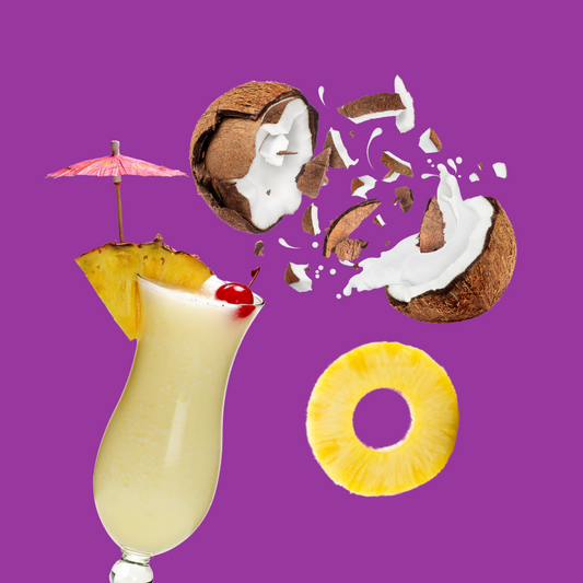Piña colada drink with pineapple slice and coconut representing Hypothermias Dye-FREE Piña Colada Slush Syrup, made with non-GMO 100% pure cane sugar and no artificial colors.