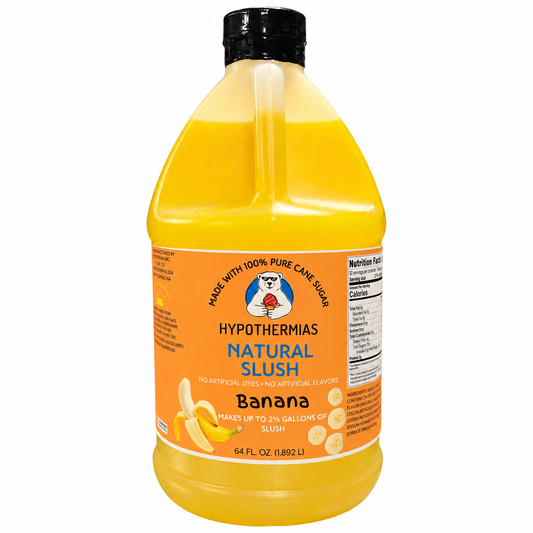 Hypothermias natural banana slush syrup, 64 fl oz bottle, made with pure cane sugar and no artificial dyes.