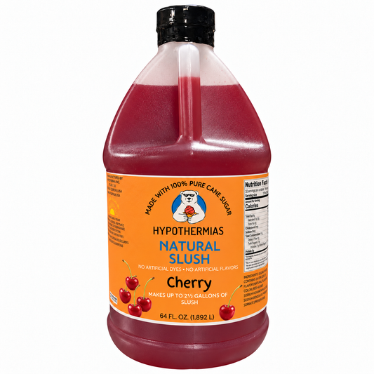 Hypothermias natural cherry slush syrup, 64 fl oz bottle, made with pure cane sugar and no artificial dyes.