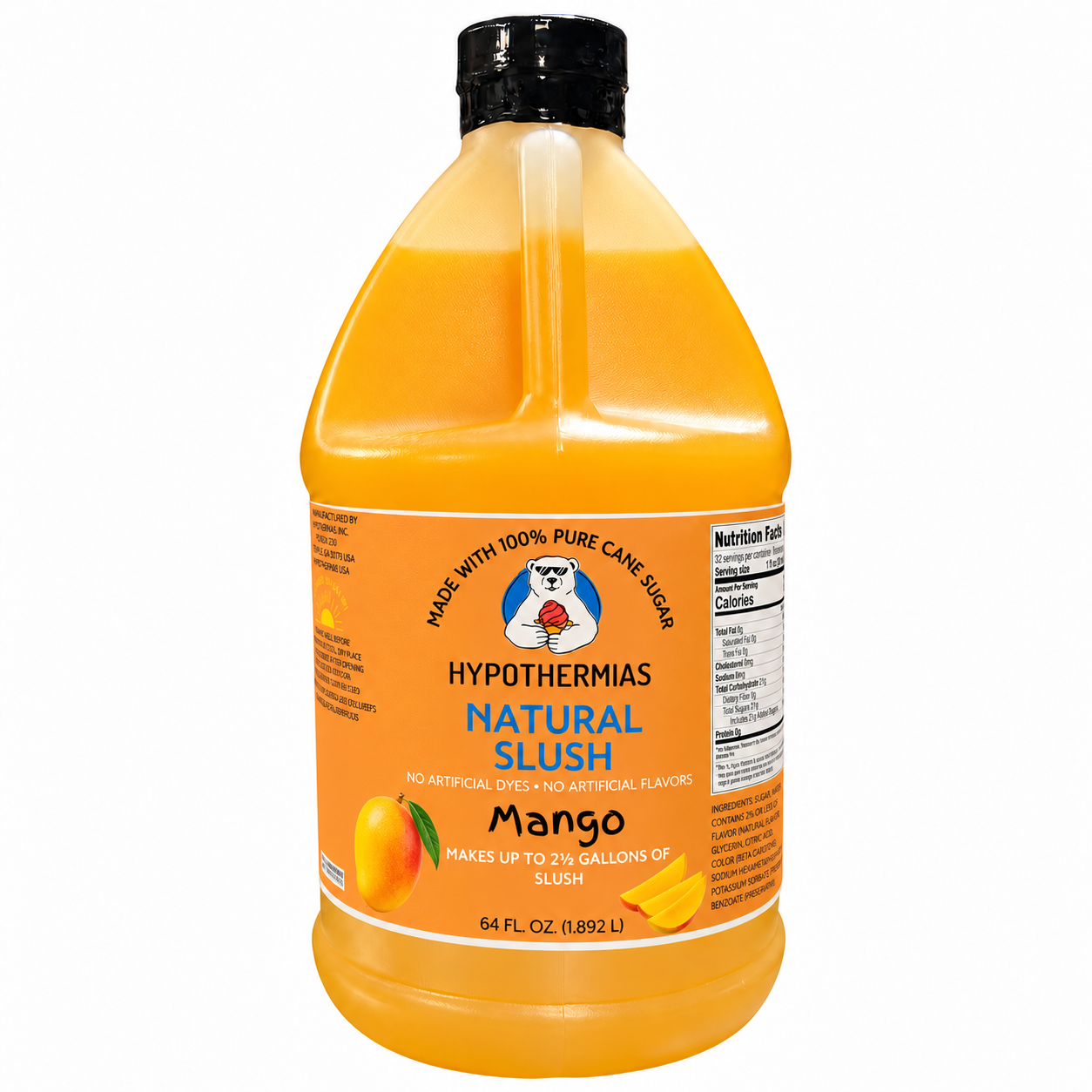 Hypothermias natural mango slush syrup, 64 fl oz bottle, made with pure cane sugar and no artificial dyes.