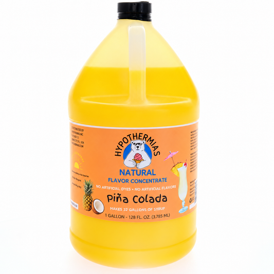 Hypothermias piña colada flavor concentrate with natural flavor and no artificial colors, 1-gallon bottle.