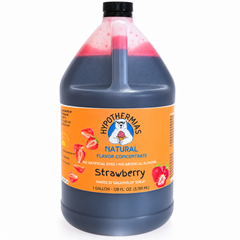 Hypothermias strawberry flavor concentrate with natural flavor and no artificial colors, 1-gallon bottle.