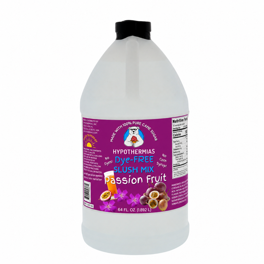 Hypothermias Passion Fruit dye-free slush syrup concentrate in a 64 Fl oz bottle.