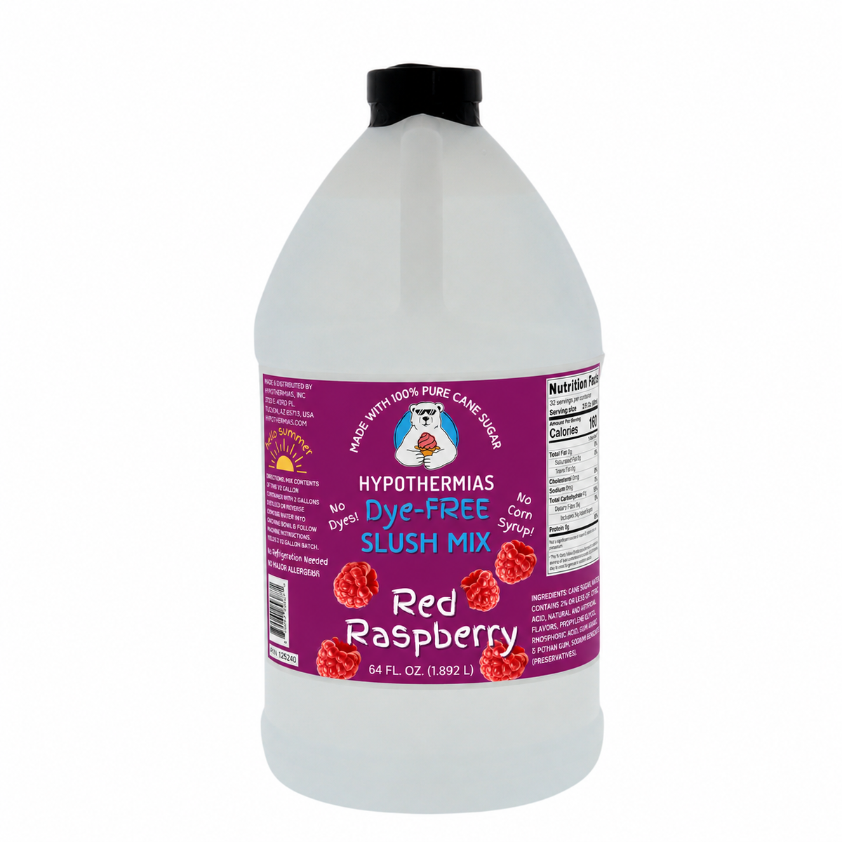 Hypothermias Red Raspberry dye-free slush syrup concentrate in a 64 Fl oz bottle.