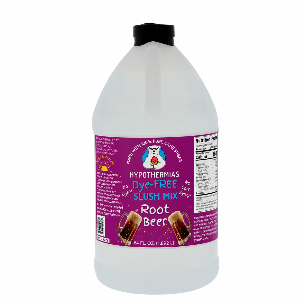 Hypothermias Root Beer dye-free slush syrup concentrate in a 64 Fl oz bottle.