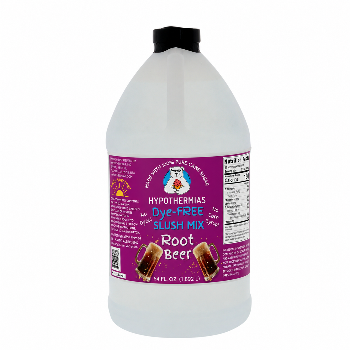 Hypothermias Root Beer dye-free slush syrup concentrate in a 64 Fl oz bottle.
