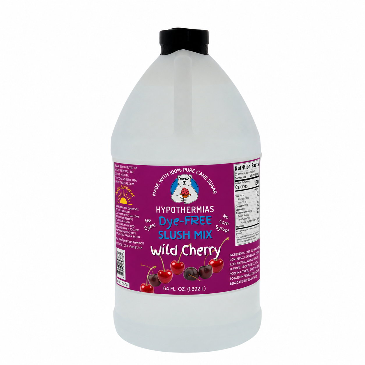 Hypothermias Wild Cherry dye-free slush syrup concentrate in a 64 Fl oz bottle.