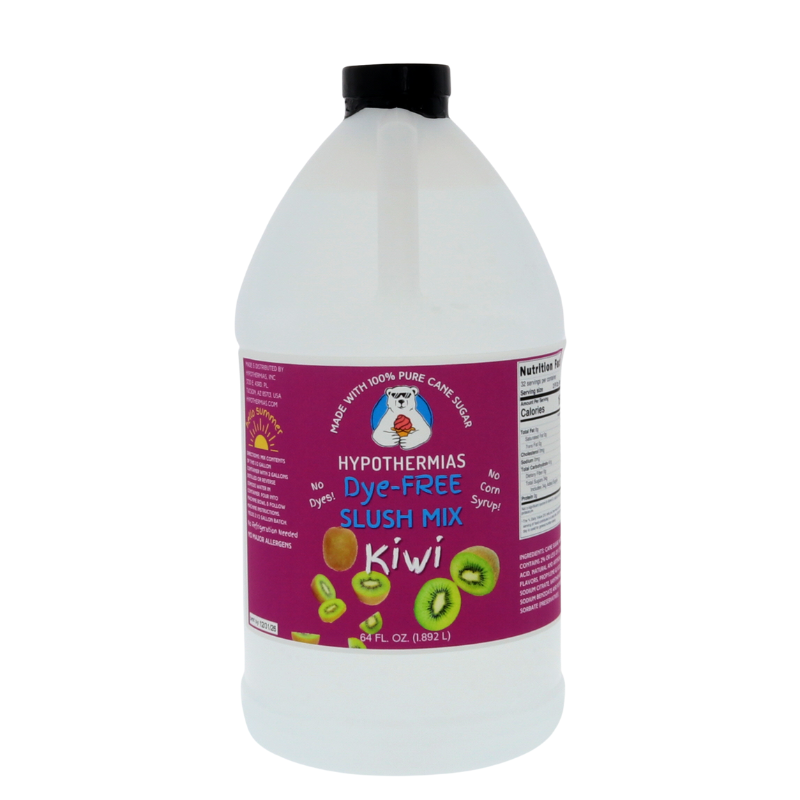 A BPA-free plastic half-gallon bottle of Hypothermias Dye-FREE Kiwi Slush Syrup with a vibrant purple label featuring sliced kiwi fruit, photographed on a white background. This clear, premium frozen drink syrup is made with non-GMO 100% pure cane sugar and contains no dyes or high fructose corn syrup. Delivers refreshing kiwi flavor for slushies, mocktails, and frozen beverages.