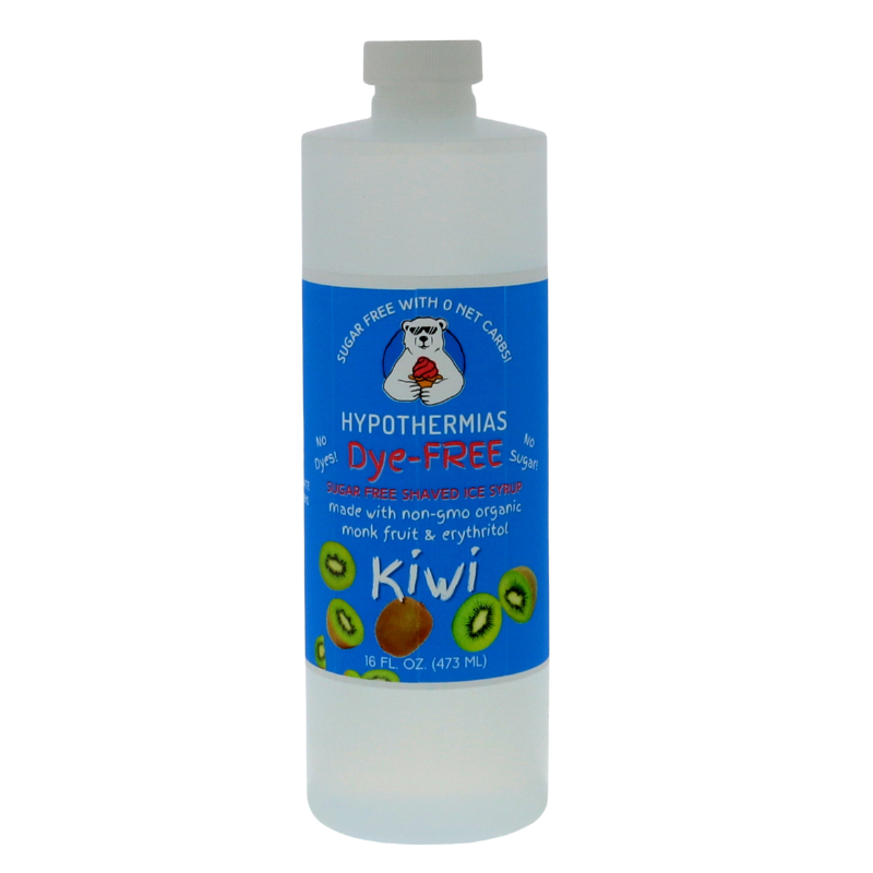 A pint of Hypothermias Sugar-Free & Dye-Free Kiwi Shaved Ice and Snow Cone Syrup in a BPA-free plastic bottle on a bright white background, featuring an azure blue label with kiwi fruit imagery. This clear, sugar-free syrup is made with organic and non-GMO monk fruit and erythritol for a tart, naturally sweet tropical flavor without dyes or added sugars.