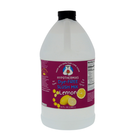 A BPA-free plastic half-gallon bottle of Hypothermias Dye-FREE Lemon Slush Syrup with a vibrant purple label featuring lemons, photographed on a bright white background. This clear, gourmet frozen drink syrup is crafted in Tucson, Arizona, with non-GMO 100% pure cane sugar and no high fructose corn syrup. Offers zesty citrus flavor ideal for slushie and frozen drink makers.