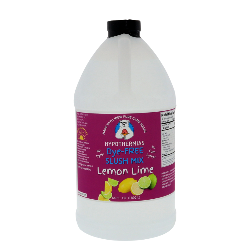 A BPA-free plastic half-gallon bottle of Hypothermias Dye-FREE Lemon Lime Slush Syrup with a vibrant purple label showing lemons and limes, photographed on a clean white background. This clear, artisan frozen drink syrup is made with non-GMO 100% pure cane sugar and contains no dyes or high fructose corn syrup. Provides bright, refreshing citrus flavor for frozen drink dispensers and slushie machines.