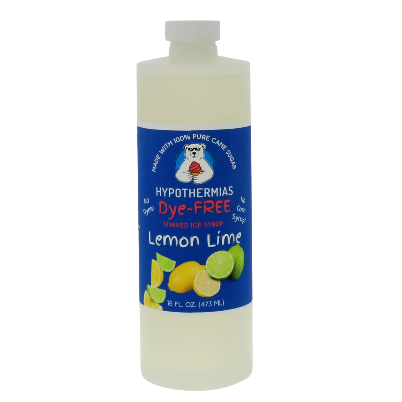 A pint of Hypothermias Dye-FREE Lemon Lime Shaved Ice & Snow Cone Syrup in a BPA-free plastic bottle on a bright white background, featuring a dark blue label with images of lemons and limes to represent the flavor. The syrup is clear and contains no dyes, made from pure cane sugar and non-GMO ingredients by a family-run small business in Tucson, Arizona, USA — a UNESCO City of Gastronomy.